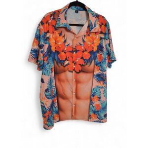 Men's Funny Hawaiian Shirt – Faux Abs Torso Print – Tropical Floral – Size L